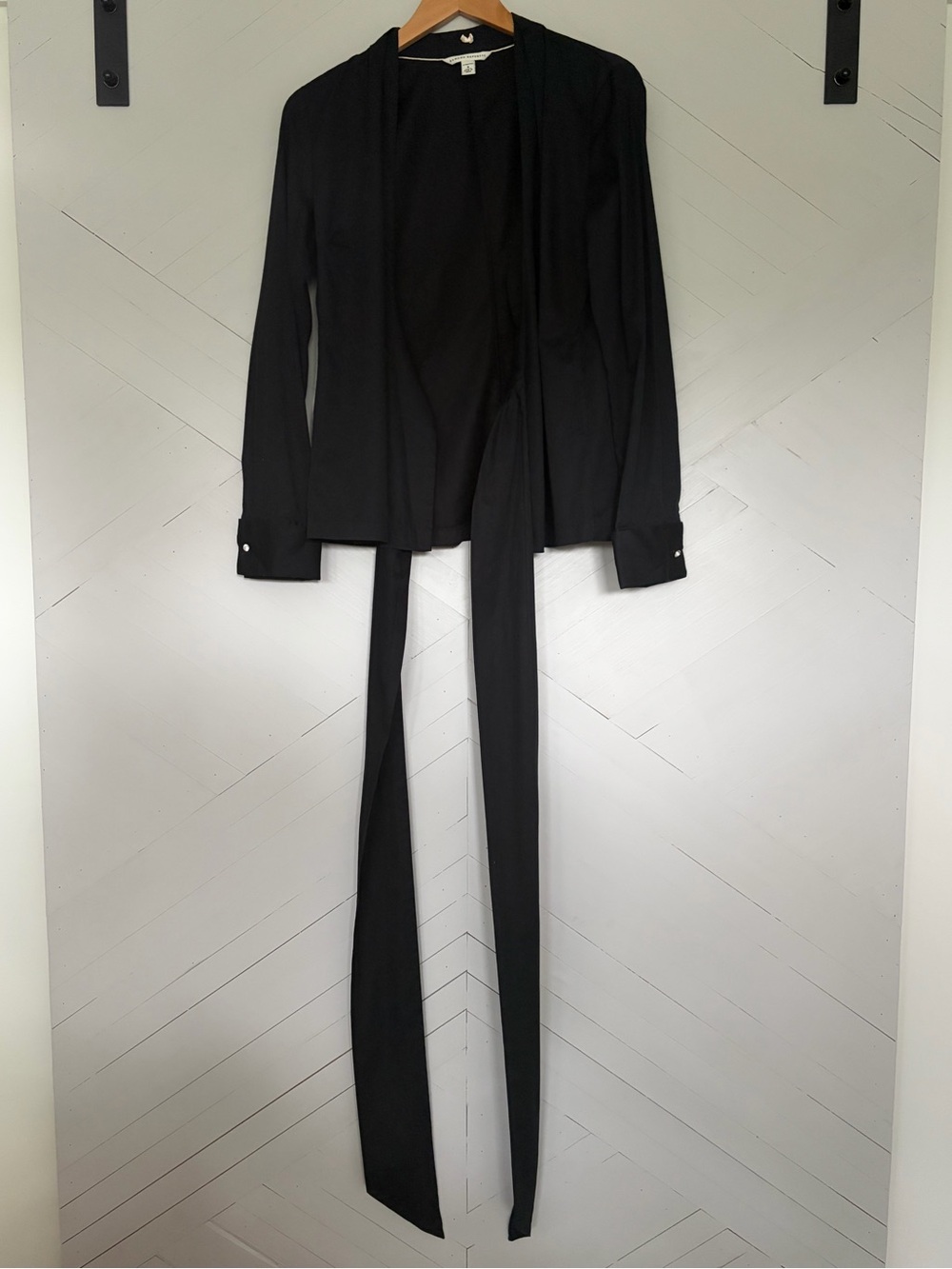 Black Wrap Satin-Look Tie-Waist Women's Top - Picture 3 of 7